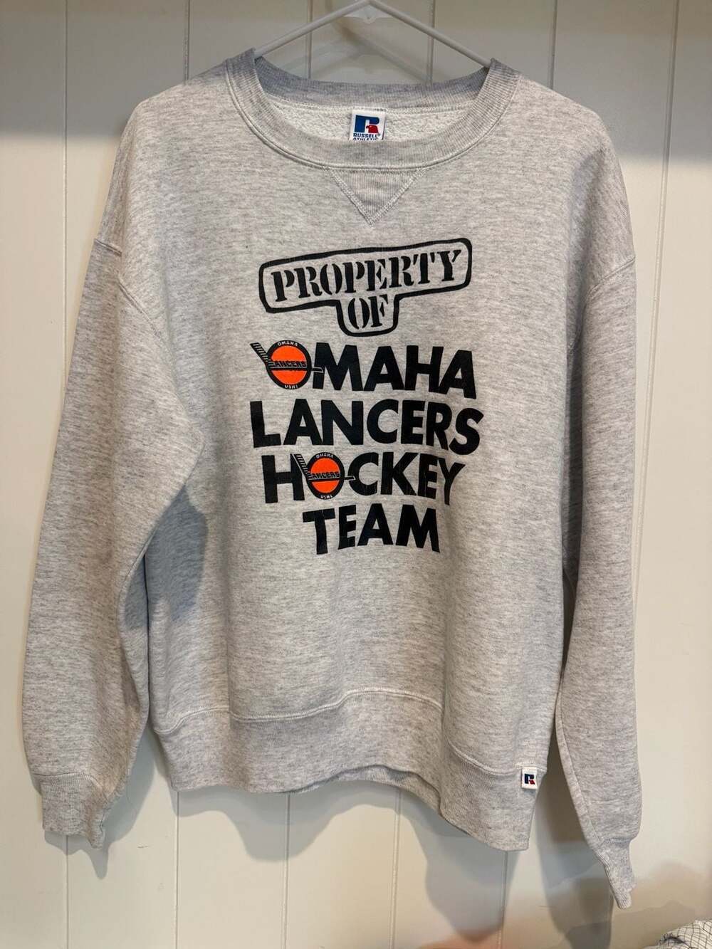 Vintage Russell Athletic Omaha Lancers Hockey Team Graphic Crewneck Sweatshirt